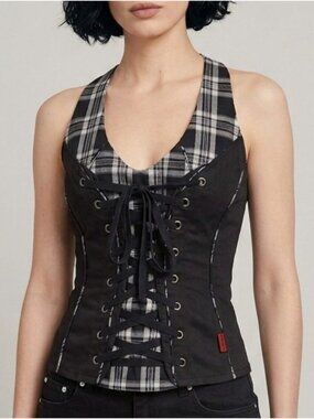 New Tripp NYC Black Plaid Lace-Up Corset Top Size M Grunge Goth Concert Cotton
